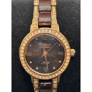 Armitron NOW Ceramic Women's Watch Gold Tone‎ Crystal Accents Brown New Battery